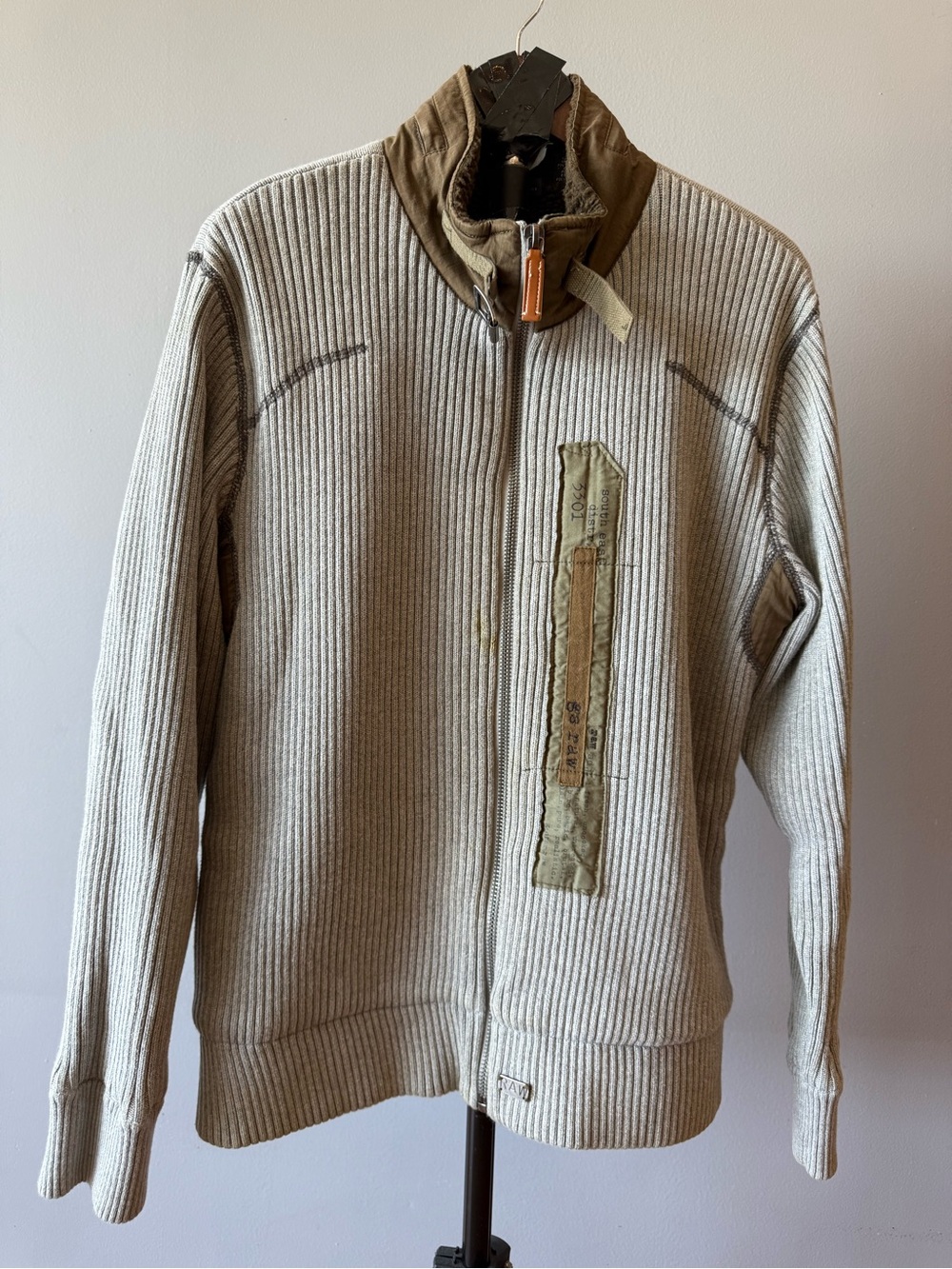 G-Star Cream Ribbed Zip Military-Inspired Jacket with Olive Trim